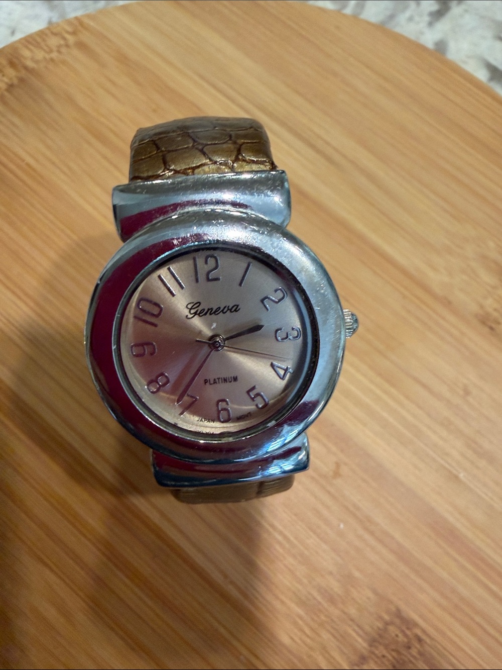 Geneva Silver Round Dial Watch with Brown Faux Snake Skin Cuff Band-7.25” around